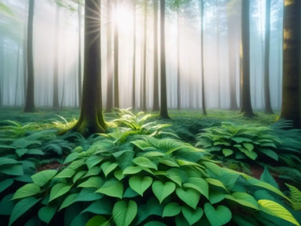 Bosque exuberante con luz filtrada entre hojas, creando una atmósfera serena y etérea