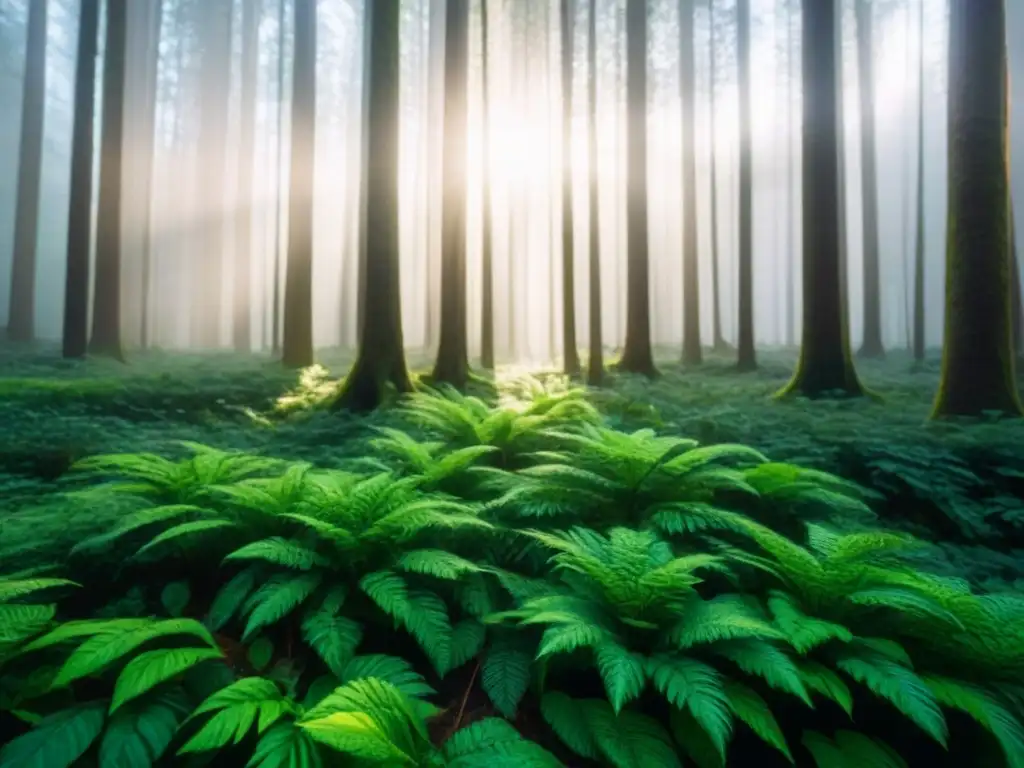 Un bosque exuberante con luz filtrada entre la densa vegetación