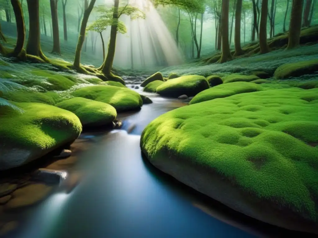 Un bosque exuberante con luz filtrada entre las hojas, un arroyo tranquilo y sonidos naturales para meditación