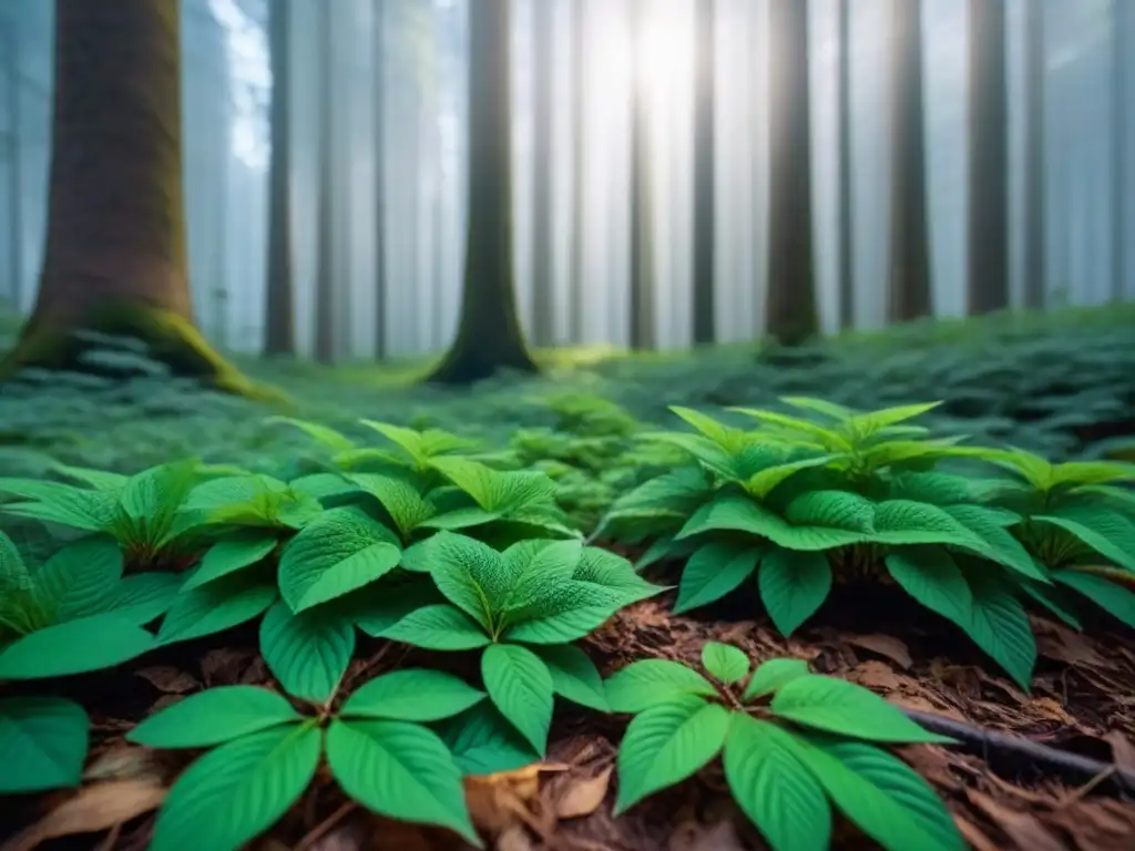 Un bosque exuberante con luz filtrada entre las hojas, creando un ambiente tranquilo