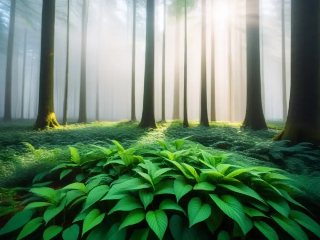 Un bosque exuberante con luz filtrándose entre las hojas, creando sombras en el suelo