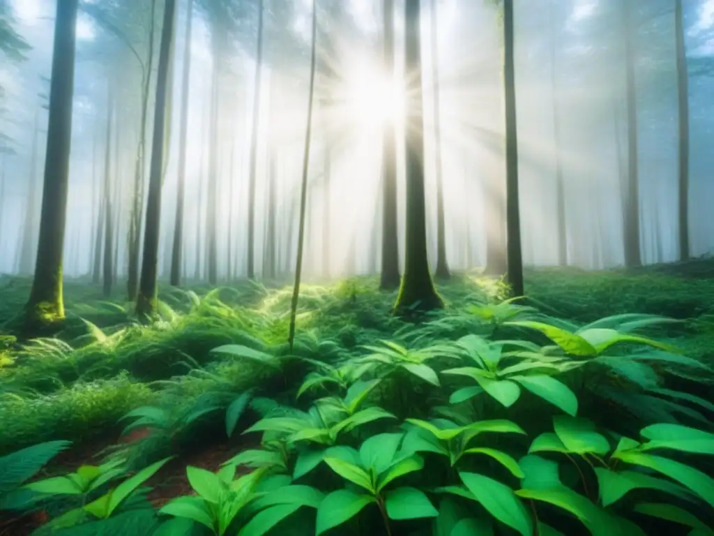 Un bosque exuberante con luz filtrándose entre las hojas, reflejando la biodiversidad y la conservación