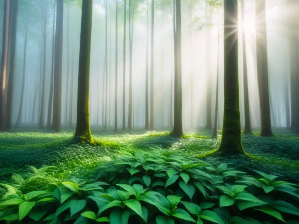 Un bosque exuberante con luz filtrándose entre las hojas y creando sombras en el suelo