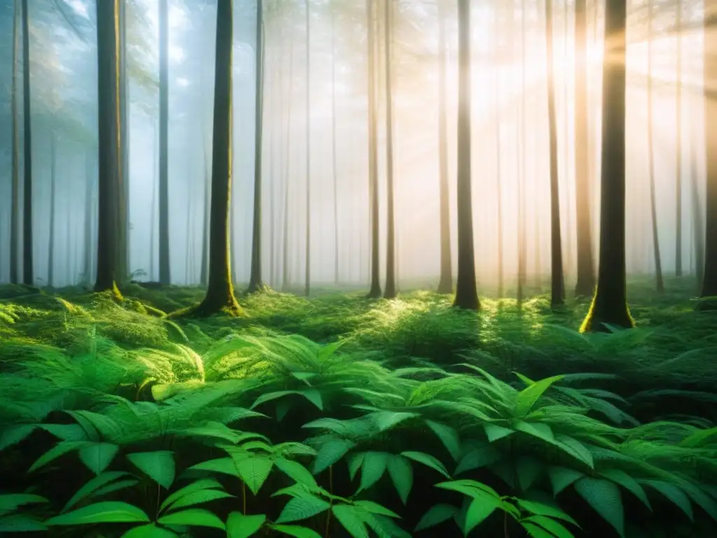 Bosque verde exuberante en armonía Un bosque exuberante con luz filtrándose entre las hojas, un ecosistema sostenible en equilibrio
