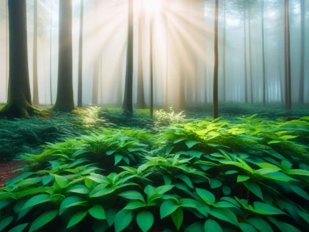 Un bosque exuberante con luz filtrándose entre las hojas, proyectando sombras en el suelo