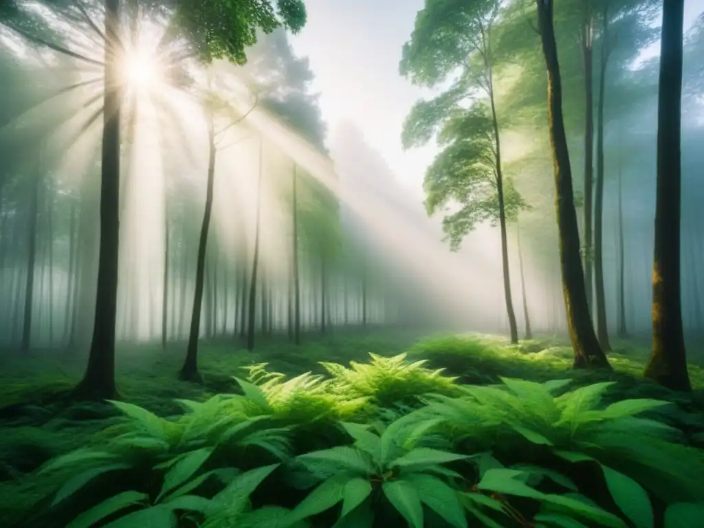 Un bosque exuberante con la luz del sol filtrándose entre las hojas, creando una atmósfera tranquila