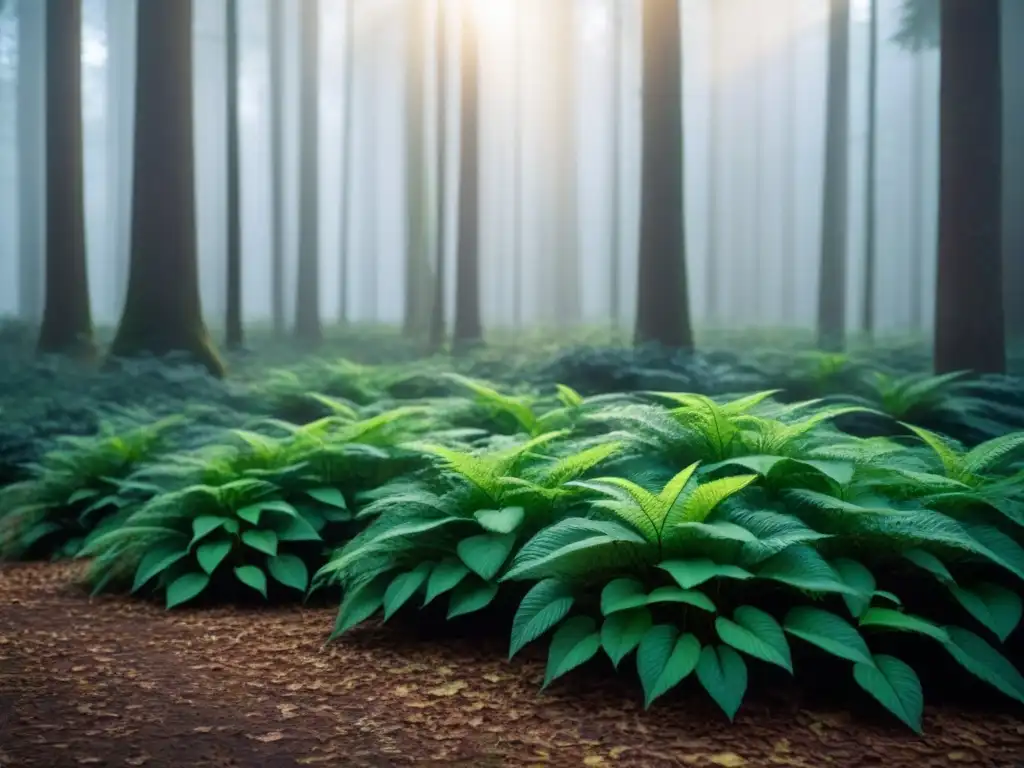 Bosque exuberante: luz y sombra en detalle Un bosque exuberante con luz solar filtrada entre las hojas, creando sombras en el suelo