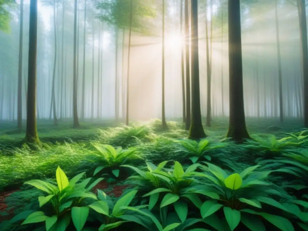 Un bosque exuberante con luz solar entre las hojas, proyectando sombras en el suelo