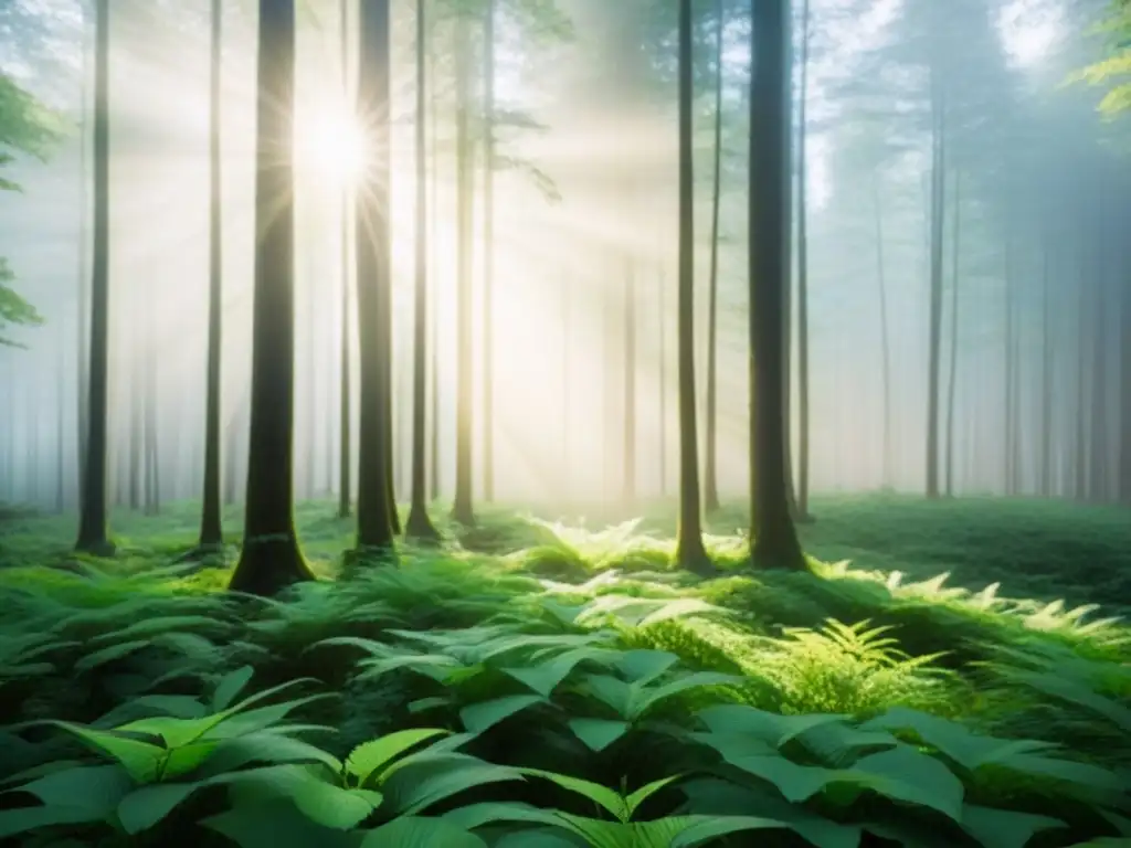 Un bosque exuberante con luz solar filtrándose entre las hojas, reflejando la belleza natural para marcas de ropa sostenible