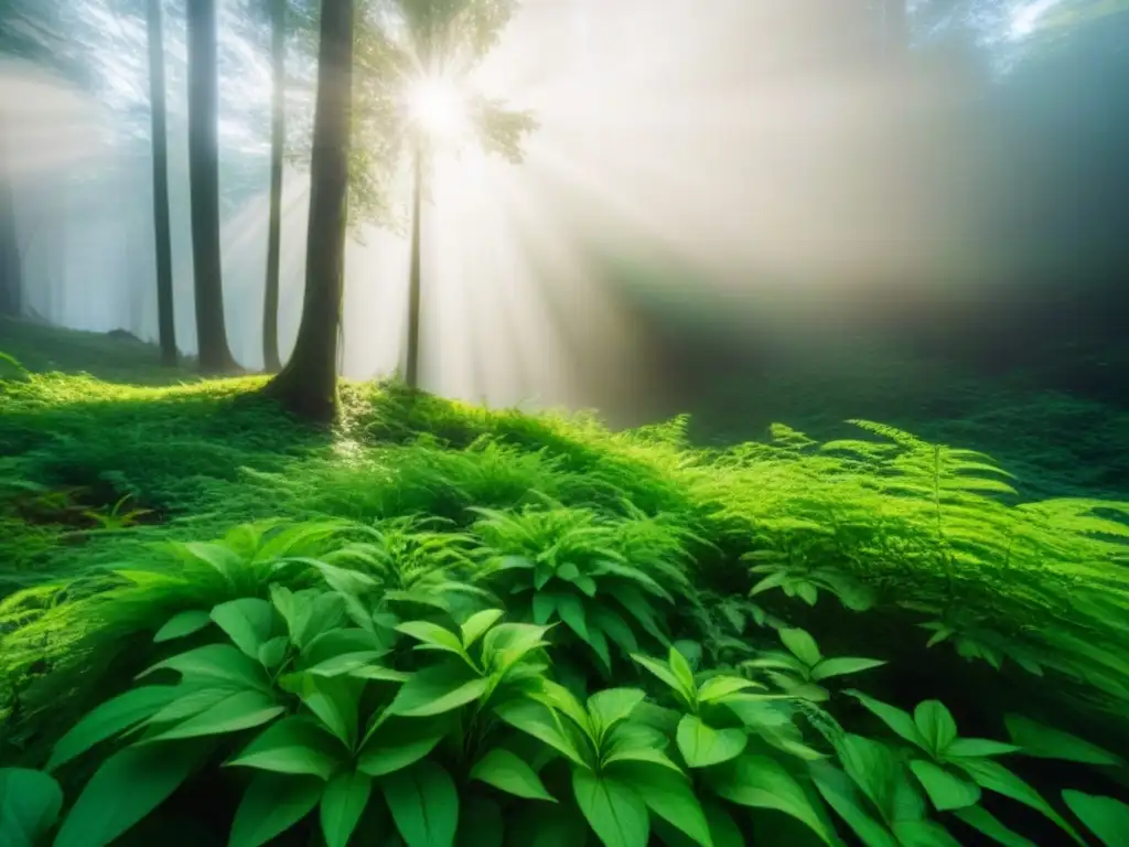 Un bosque exuberante con luz solar filtrándose entre las hojas, resaltando la belleza de la naturaleza y la moda regenerativa estilo vida sostenible