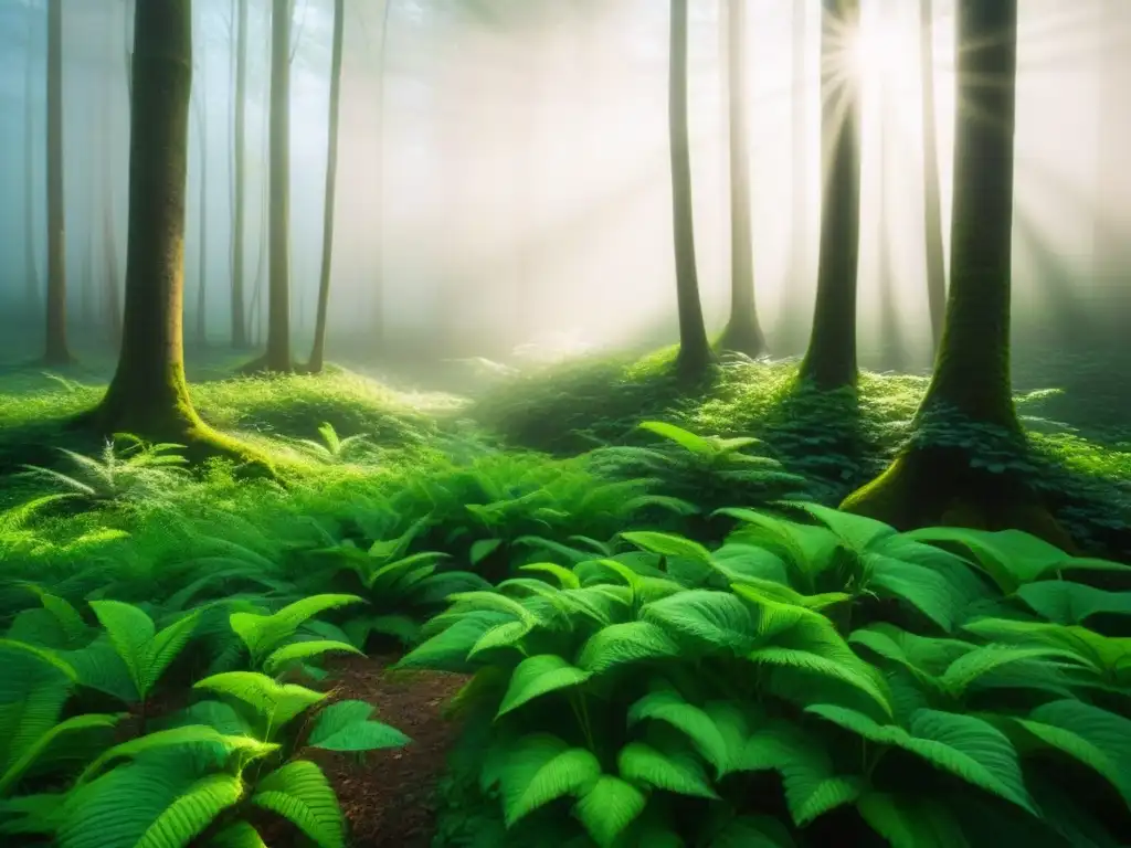 Un bosque exuberante con luz solar filtrándose entre las hojas, recordando la importancia de la moda sostenible armario duradero