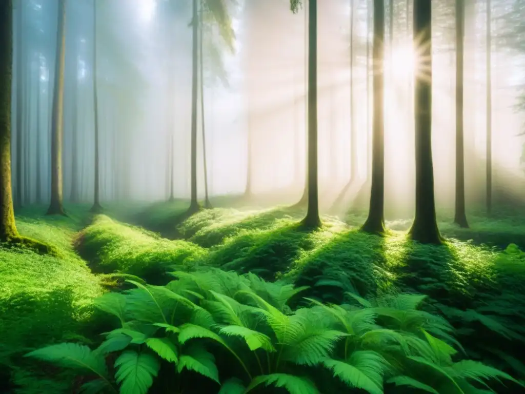 Un bosque exuberante con luz solar filtrándose entre los árboles, resaltando la belleza de la naturaleza y la moda sostenible y cambio climático