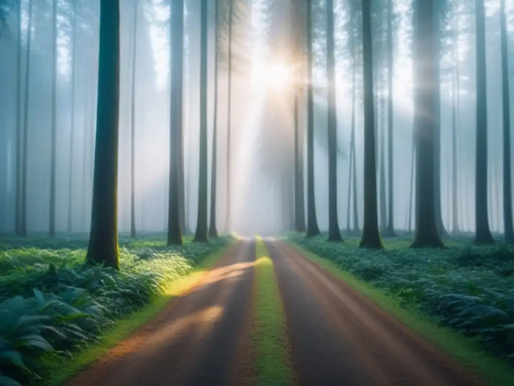 Un bosque exuberante con luz solar filtrándose entre las hojas, creando una atmósfera armoniosa y tranquilizadora