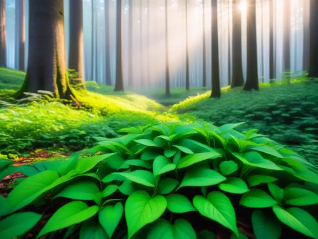 Un bosque exuberante con luz solar filtrándose entre las hojas, creando un patrón de sombras en el suelo