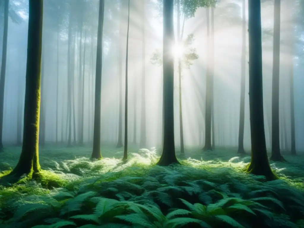 Un bosque exuberante con luz solar filtrándose entre el dosel, creando sombras suaves en el suelo