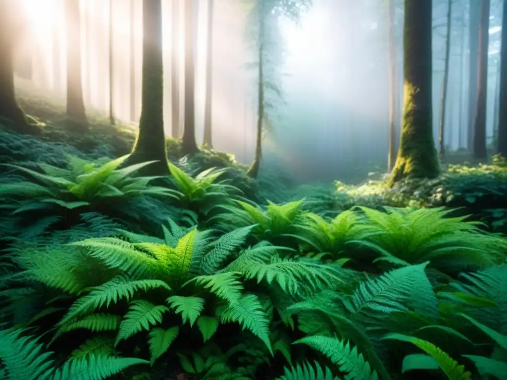 Un bosque exuberante con luz solar entre las hojas, resaltando la diversidad de plantas