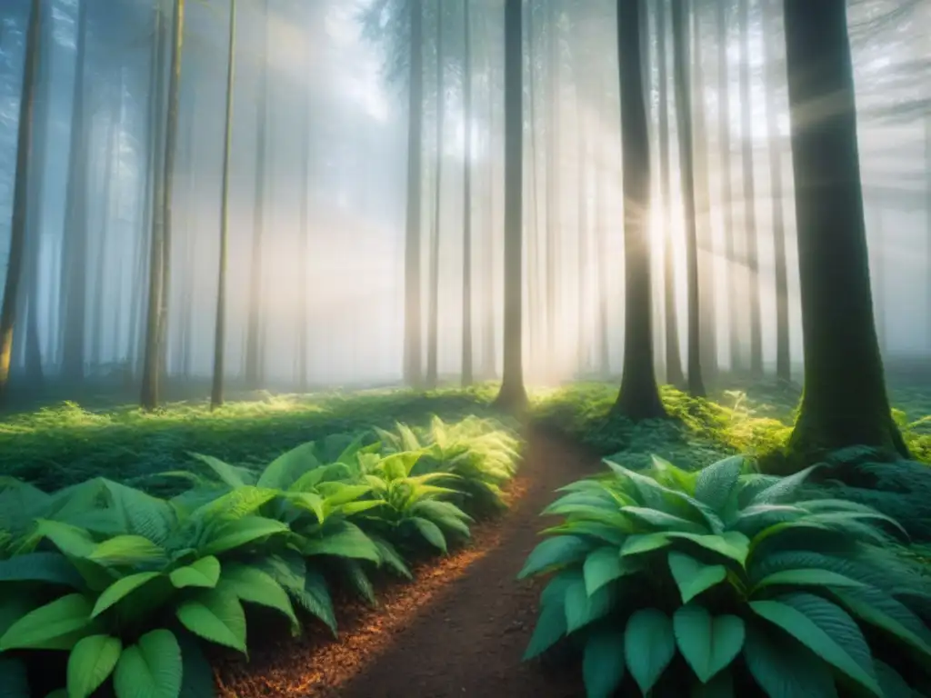 Un bosque exuberante con luz solar entre las hojas, transmitiendo calma y armonía