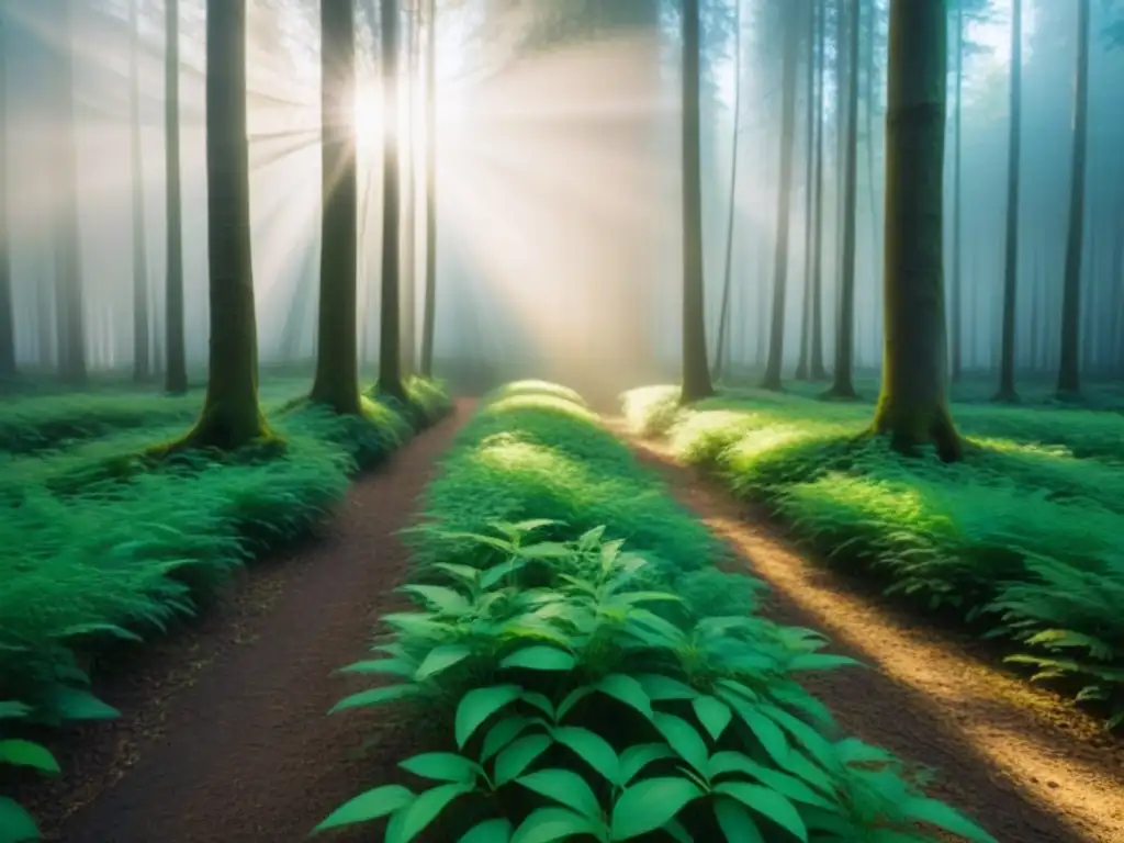 Un bosque exuberante con luz solar filtrándose entre las hojas, creando sombras en el suelo