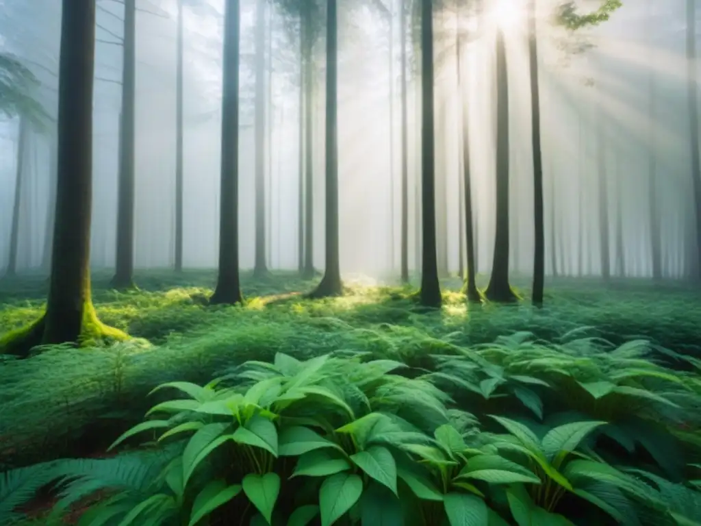 Un bosque exuberante con luz solar filtrándose entre las hojas, creando sombras suaves en el suelo