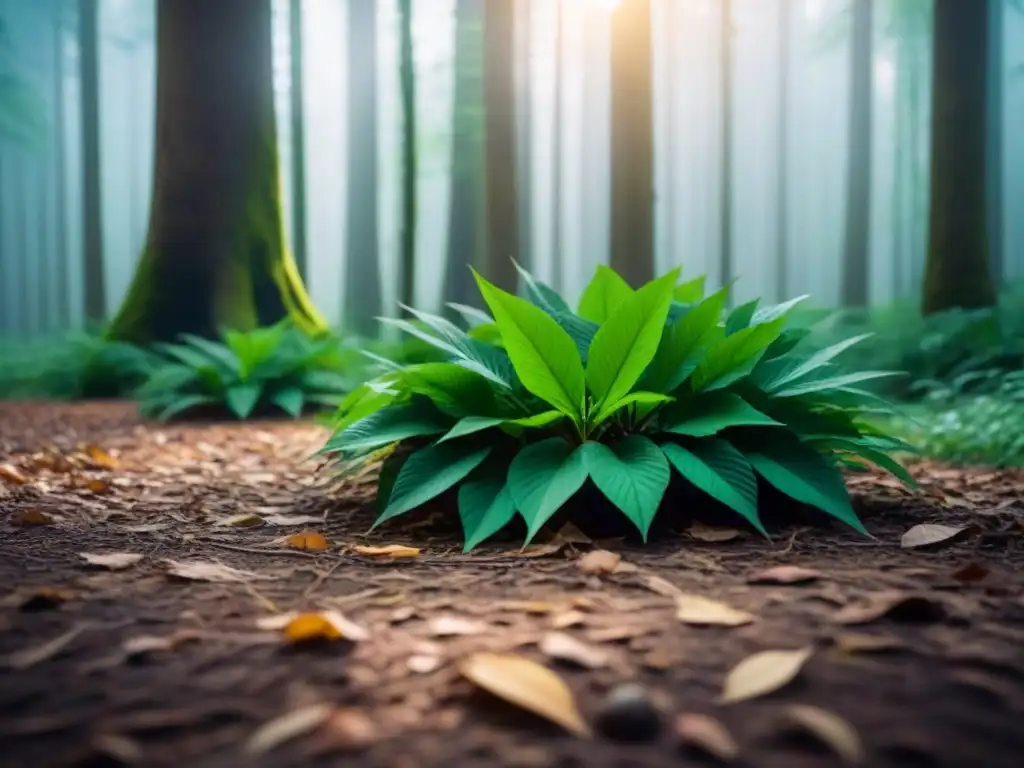 Un bosque exuberante con luz solar filtrándose entre el dosel, creando sombras en el suelo del bosque