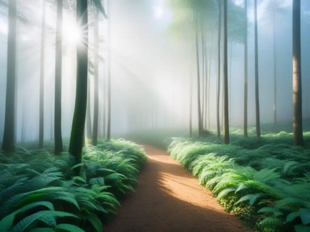 Un bosque exuberante con luz solar filtrándose entre las hojas, reflejando un estilo de vida sustentable y la reducción de la huella química