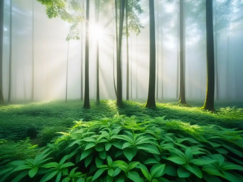 Un bosque exuberante con luz solar filtrándose entre las hojas, proyectando sombras en el suelo