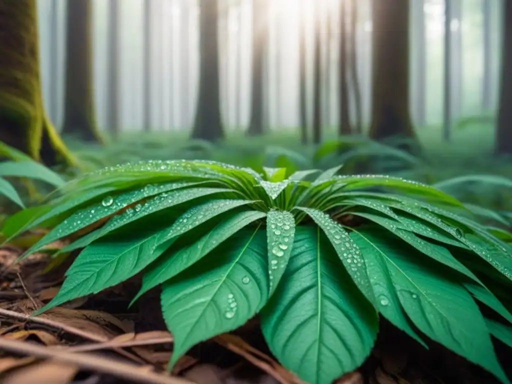 Un bosque exuberante con luz solar filtrándose entre las hojas, creando sombras intrincadas en el suelo del bosque