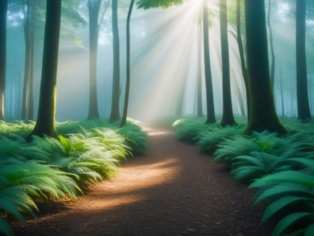 Un bosque exuberante con luz solar filtrándose a través del dosel, proyectando luces y sombras en el suelo del bosque