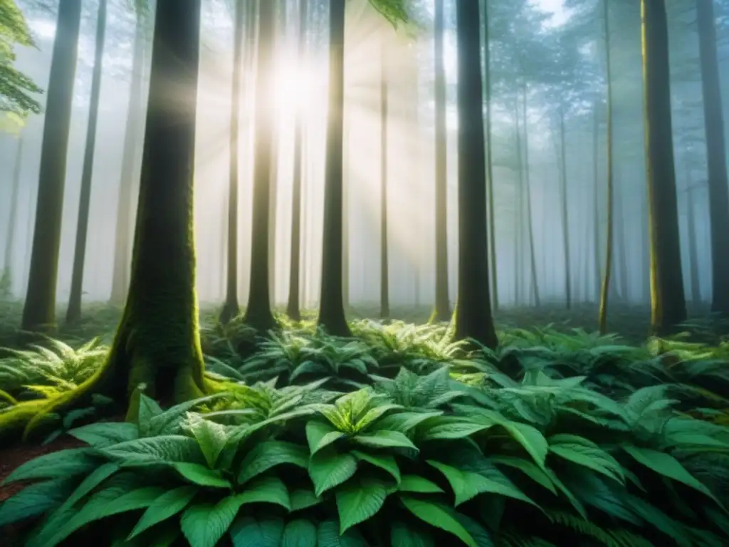 Un bosque exuberante con luz solar filtrándose entre el dosel, resaltando la importancia de la Gestión eficiente recursos naturales Big Data