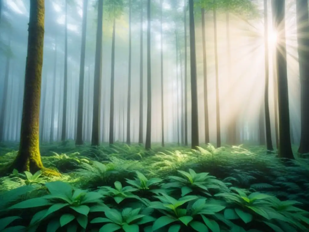 Un bosque exuberante con luz solar filtrándose entre las hojas, proyectando sombras moteadas en el suelo