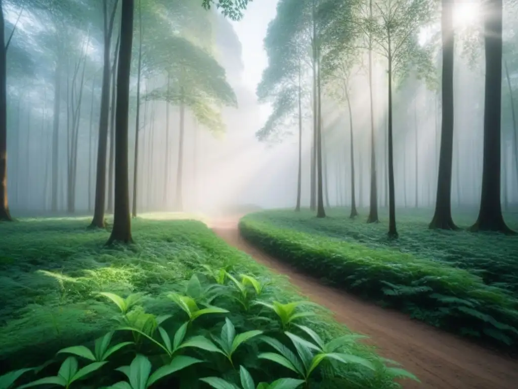 Un bosque exuberante con luz solar filtrándose entre las hojas, reflejando sombras suaves en el suelo