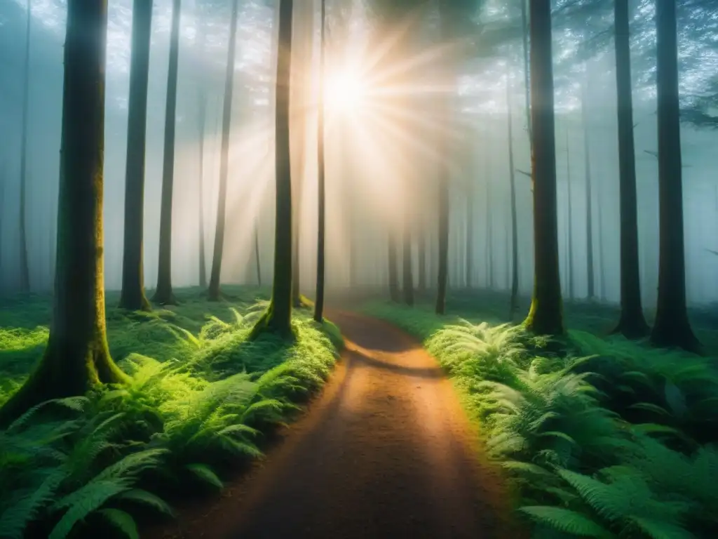 Un bosque exuberante con luz solar filtrándose a través del dosel, resaltando la belleza natural