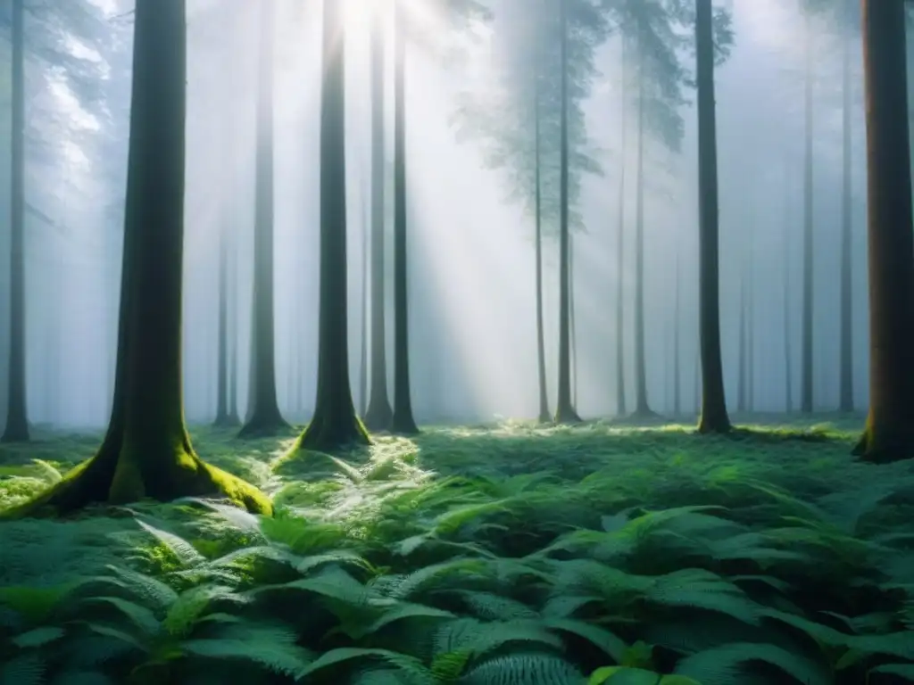 Un bosque exuberante con luz solar filtrándose entre las hojas, creando sombras moteadas en el suelo