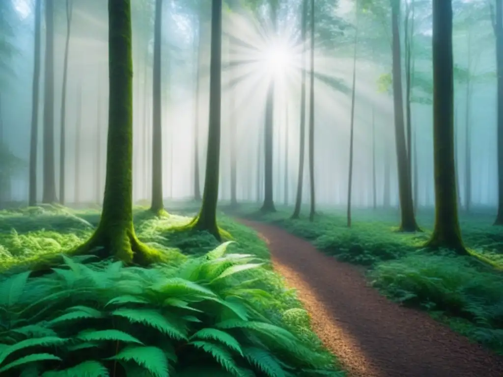 Un bosque exuberante con luz solar filtrándose entre los árboles y creando sombras en el suelo