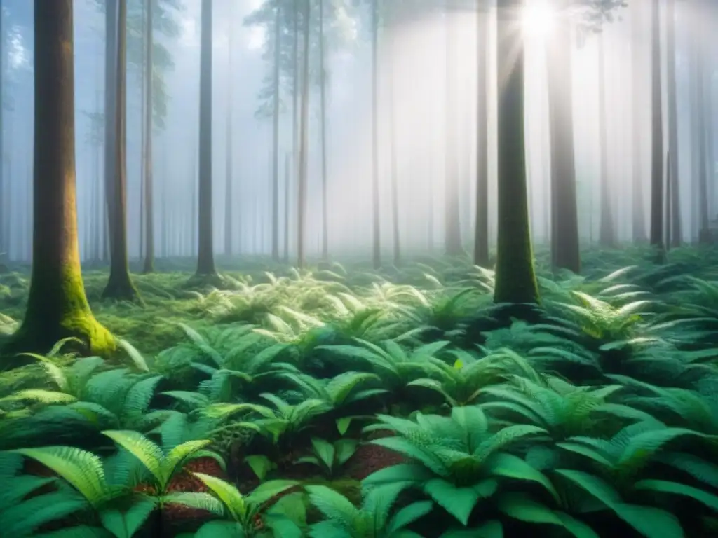 Un bosque exuberante con luz solar filtrándose a través del dosel, creando sombras en el suelo