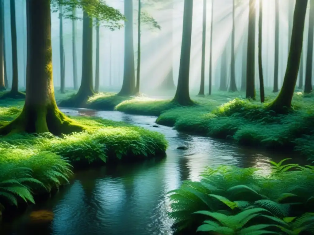 Un bosque exuberante con luz solar filtrándose entre los árboles, reflejándose en un arroyo cristalino