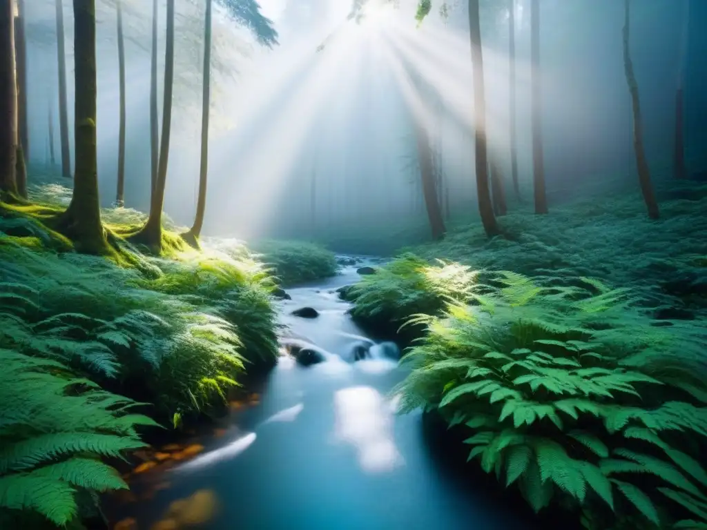 Un bosque exuberante con luz solar filtrándose entre los árboles, reflejando en un arroyo tranquilo