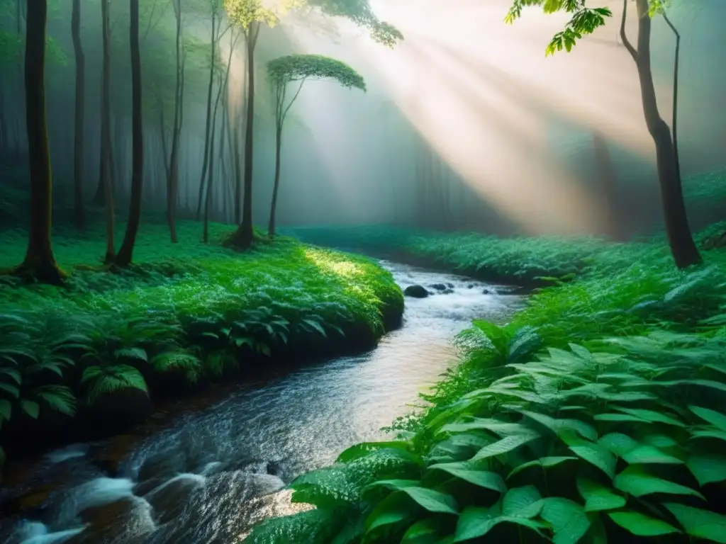 Un bosque exuberante con luz solar filtrándose entre las hojas, reflejando en un arroyo tranquilo