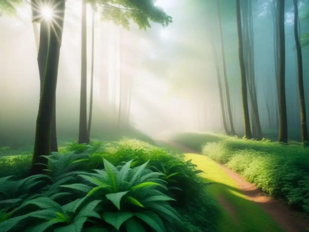 Un bosque exuberante con luz solar entre las hojas, inspirando un estilo de vida sostenible