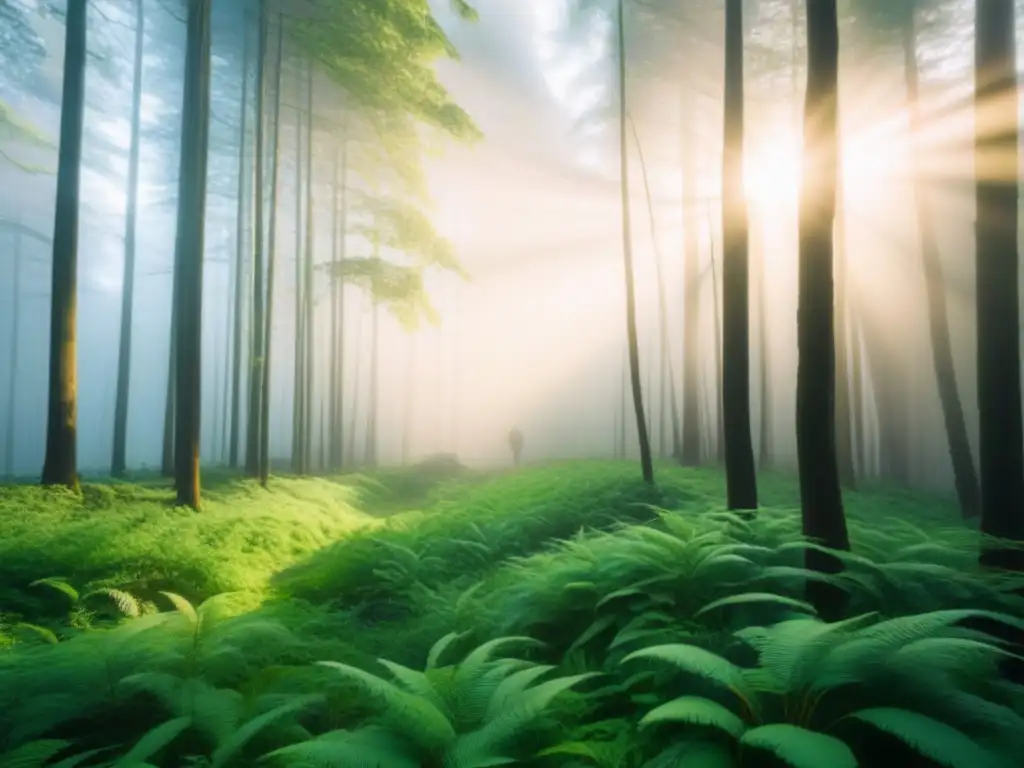 Un bosque exuberante con luz solar filtrándose entre las hojas, un entorno tranquilo y sostenible en armonía