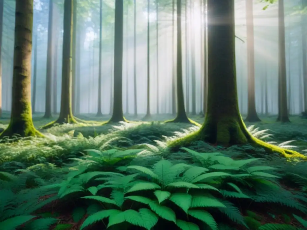 Un bosque exuberante con luz solar filtrándose entre las ramas, creando sombras