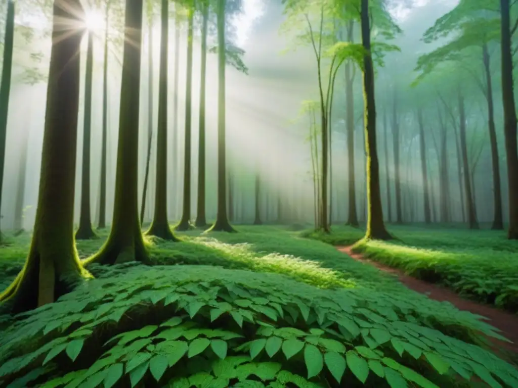 Un bosque exuberante con luz solar filtrándose entre el dosel, creando sombras moteadas en el suelo del bosque