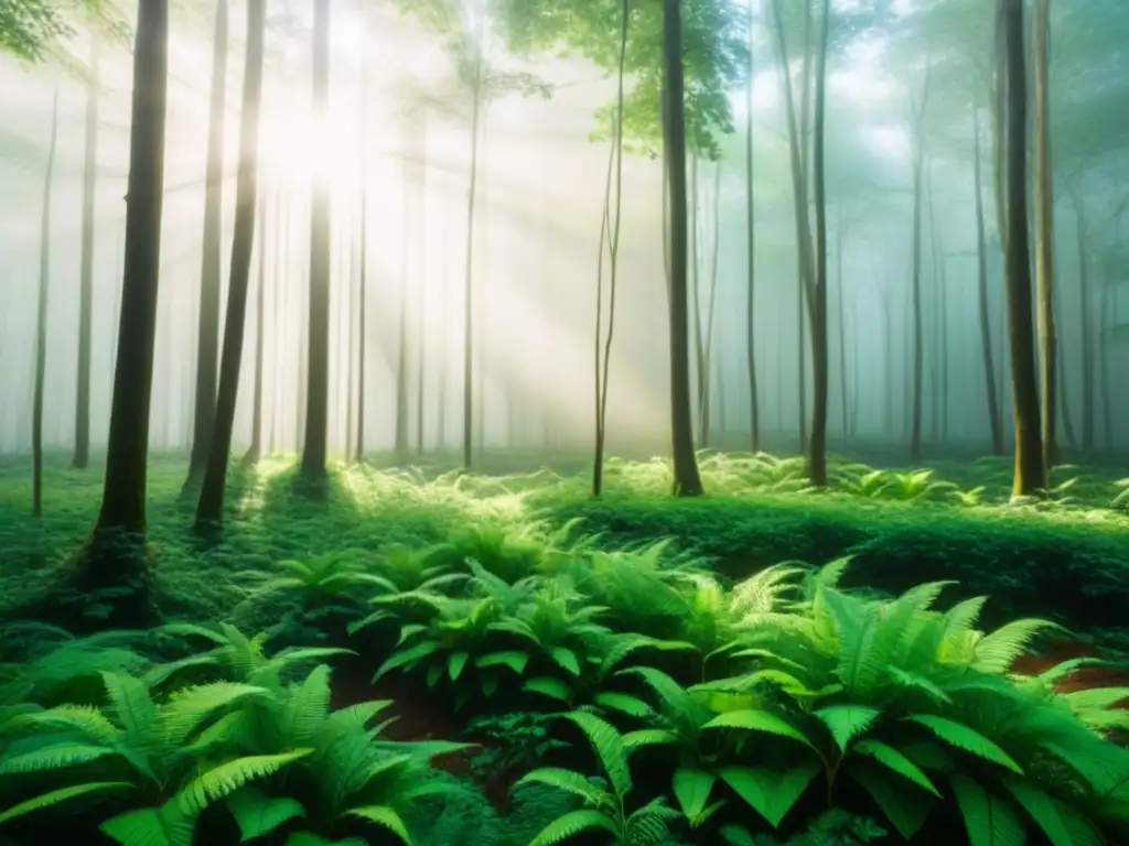 Un bosque exuberante con luz solar filtrándose entre el dosel, creando un ambiente de armonía y tranquilidad