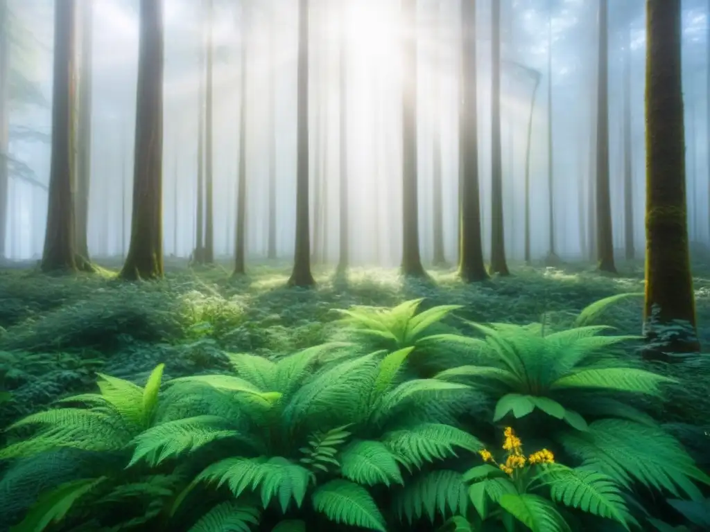 Bosque exuberante con luz solar entre árboles altos, follaje denso y flores silvestres vibrantes