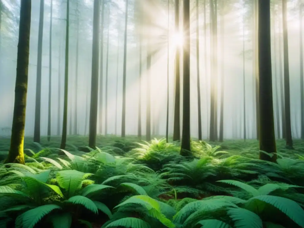 Un bosque exuberante con luz solar filtrándose entre las hojas, transmitiendo un mensaje de sostenibilidad en la serie de televisión