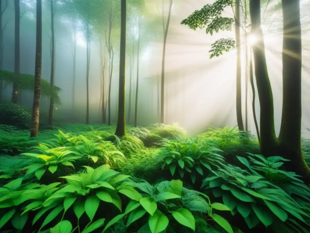 Bosque exuberante con luz solar entre hojas vibrantes y plantas diversas