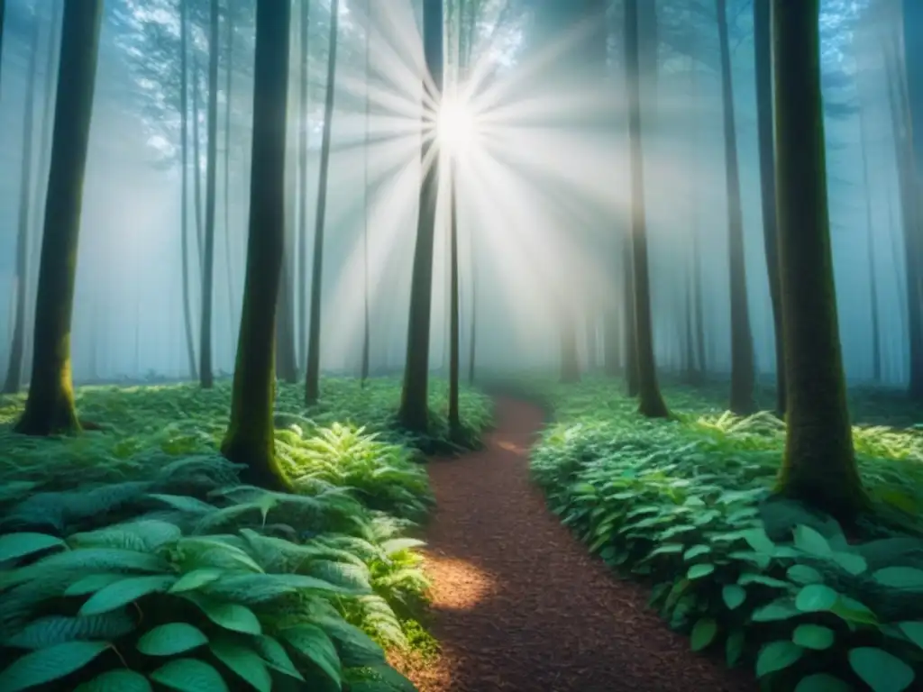 Un bosque exuberante con luz solar filtrándose entre las hojas, creando sombras moteadas en el suelo