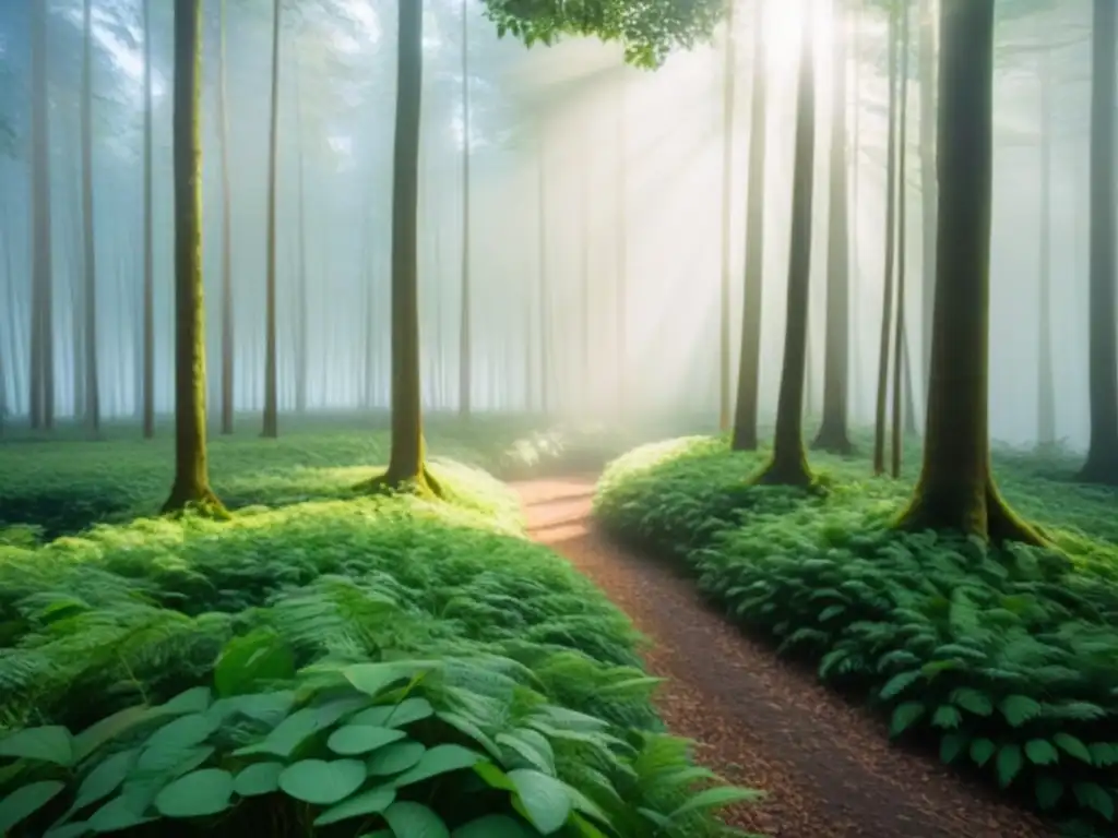 Un bosque exuberante con luz solar filtrándose entre el dosel, creando sombras moteadas en el suelo del bosque