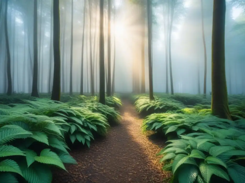 Un bosque exuberante con luz solar filtrándose entre las hojas, creando sombras