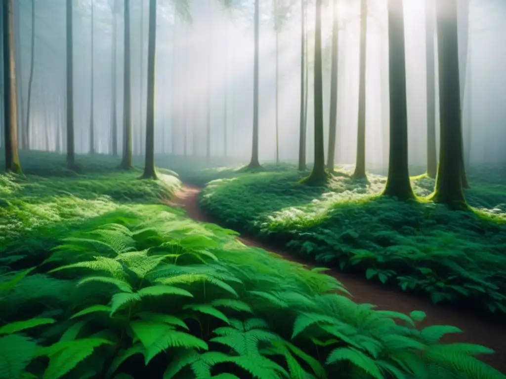 Un bosque exuberante con luz solar filtrándose entre el dosel, creando sombras en el suelo